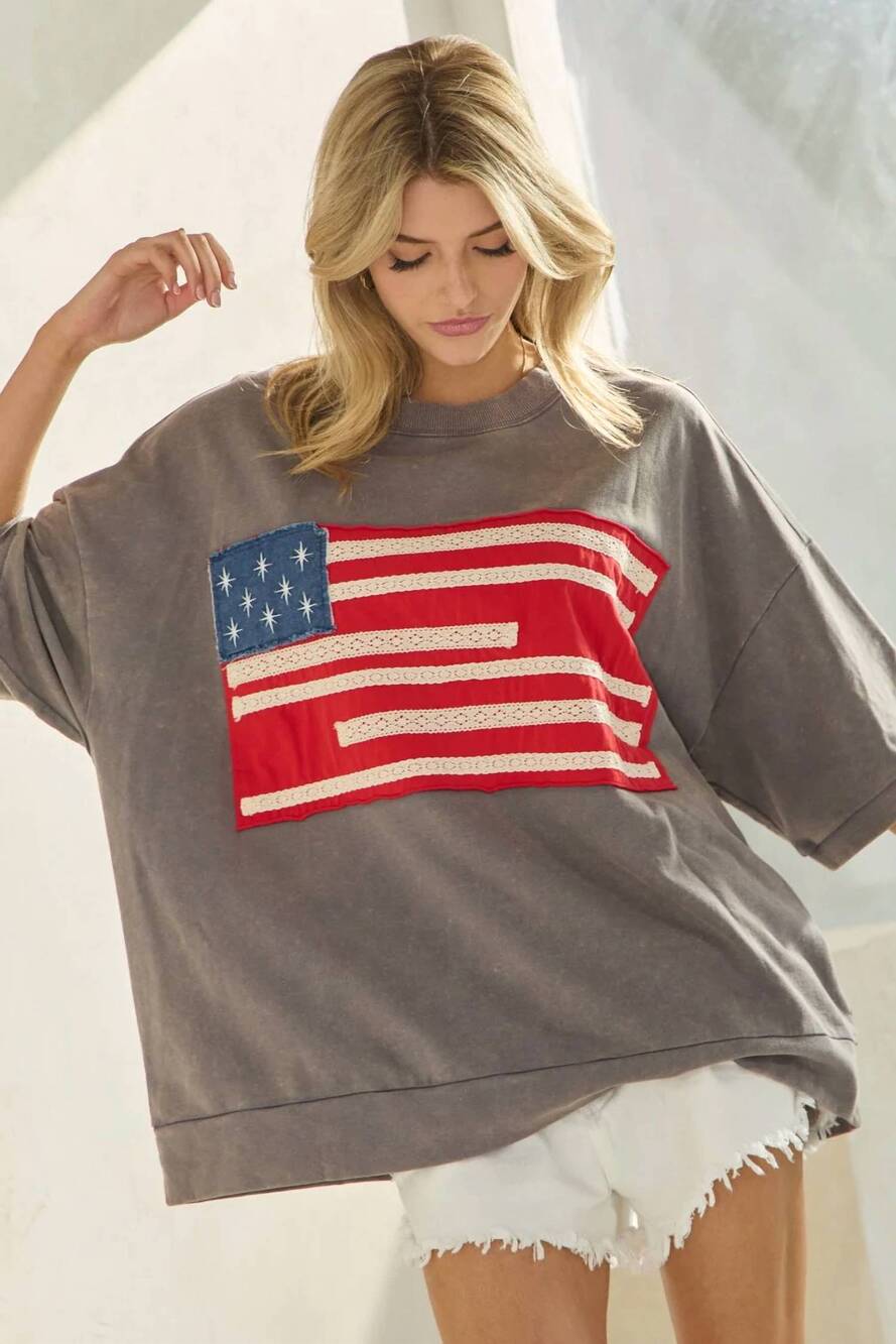 NEW ODDI flag french terry top in grey multi